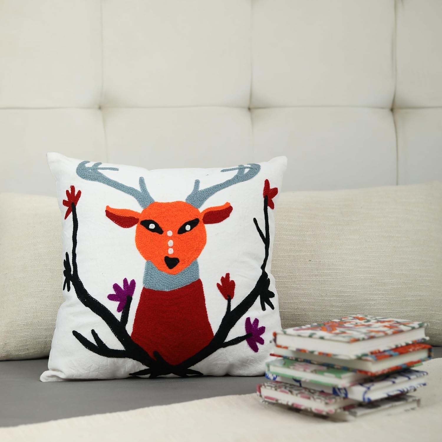 Xentarfy Embroidered Cotton Canvas Animal Cushion Cover 16x16