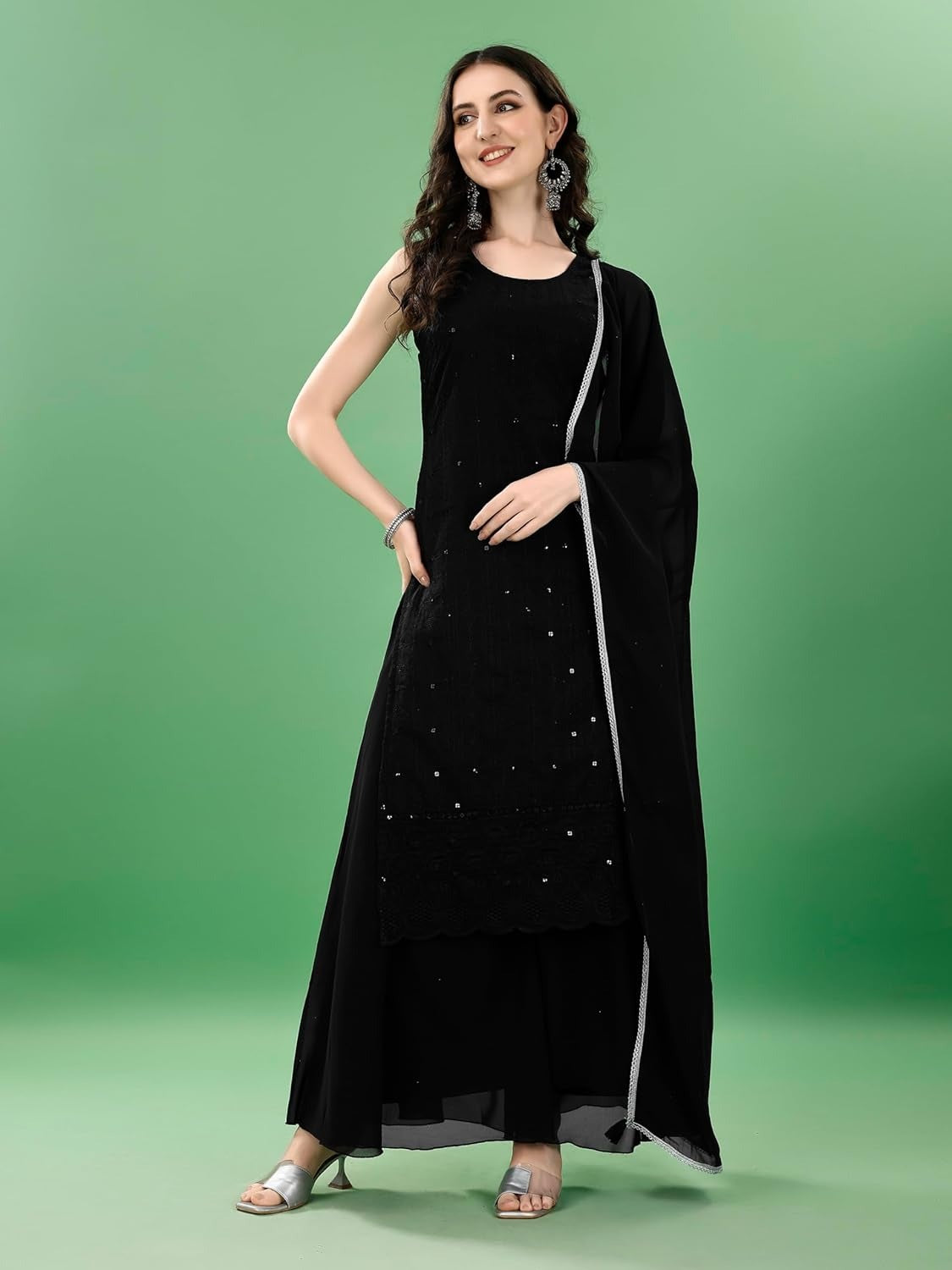 Xentarfy Georgette Chikankari Kurta Palazzo Dupatta Set