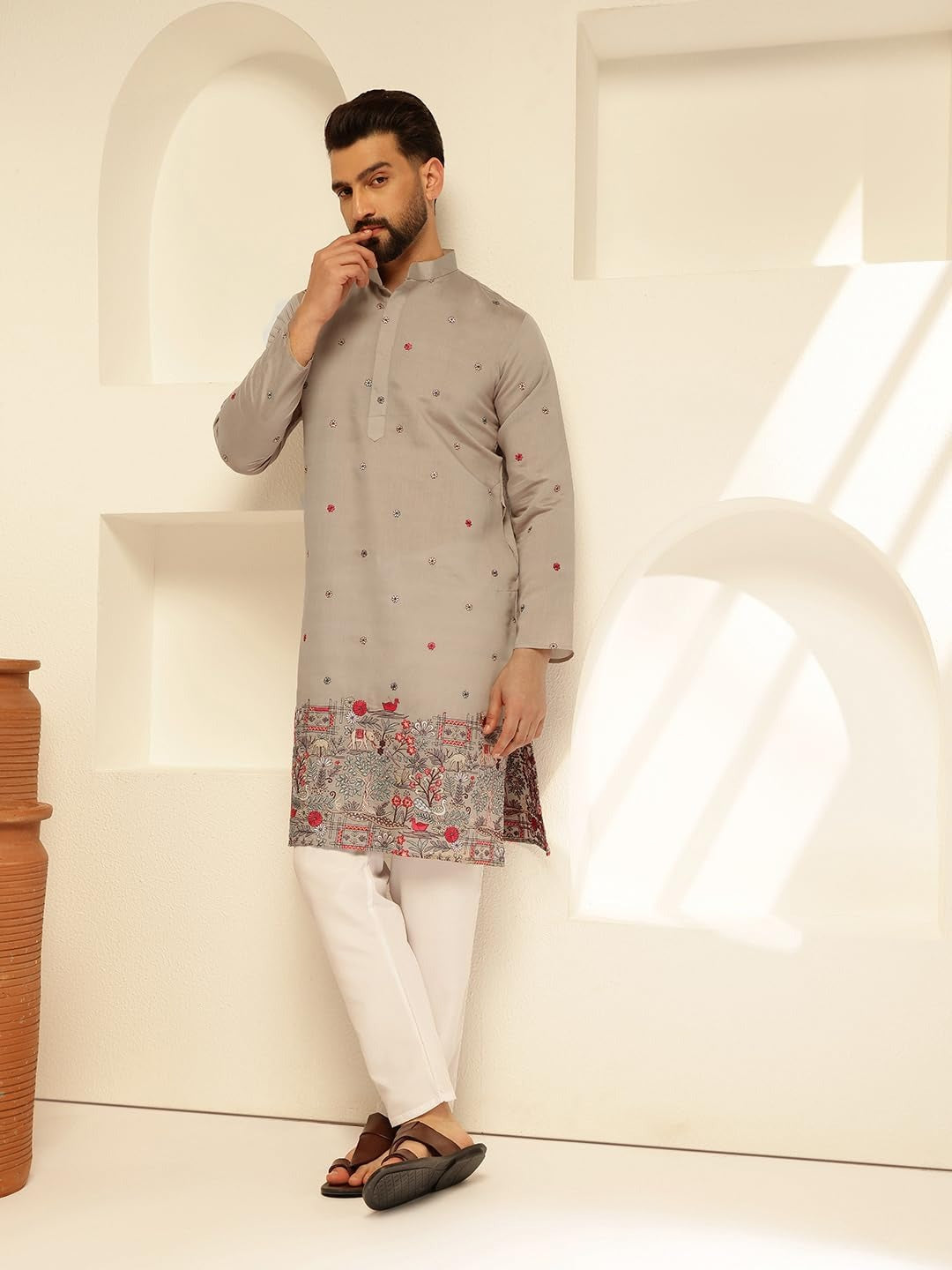 Xentarfy Men’s Cotton Silk Embroidered Long Kurta