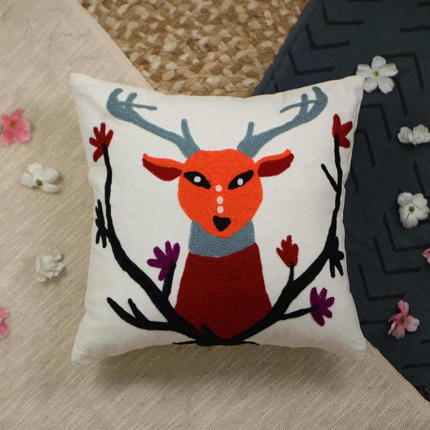 Xentarfy Embroidered Cotton Canvas Animal Cushion Cover 16x16