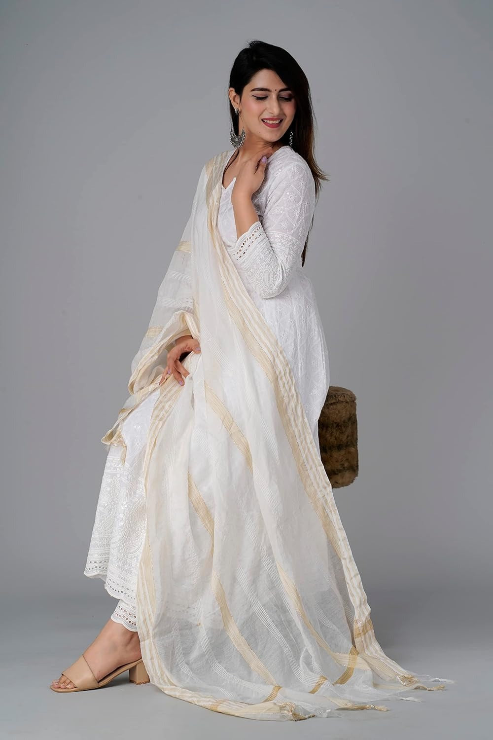 Xentarfy Chikankari Cotton Anarkali Kurti Pant Dupatta Set