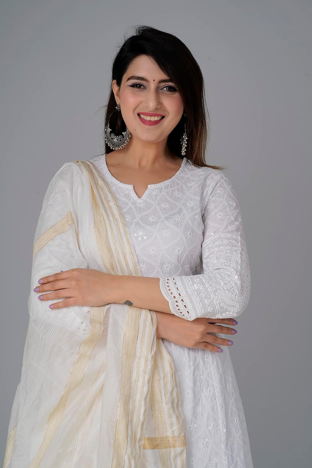 Xentarfy Chikankari Cotton Anarkali Kurti Pant Dupatta Set