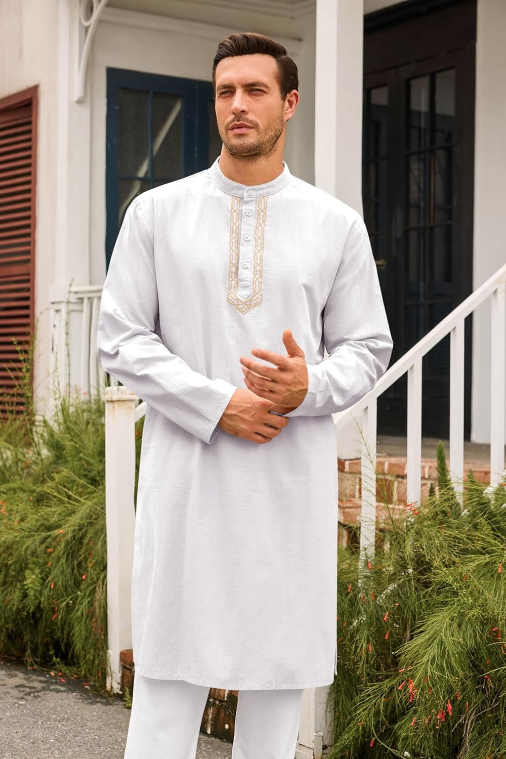Xentarfy Men’s Cotton Linen Henley Kaftan Thobe