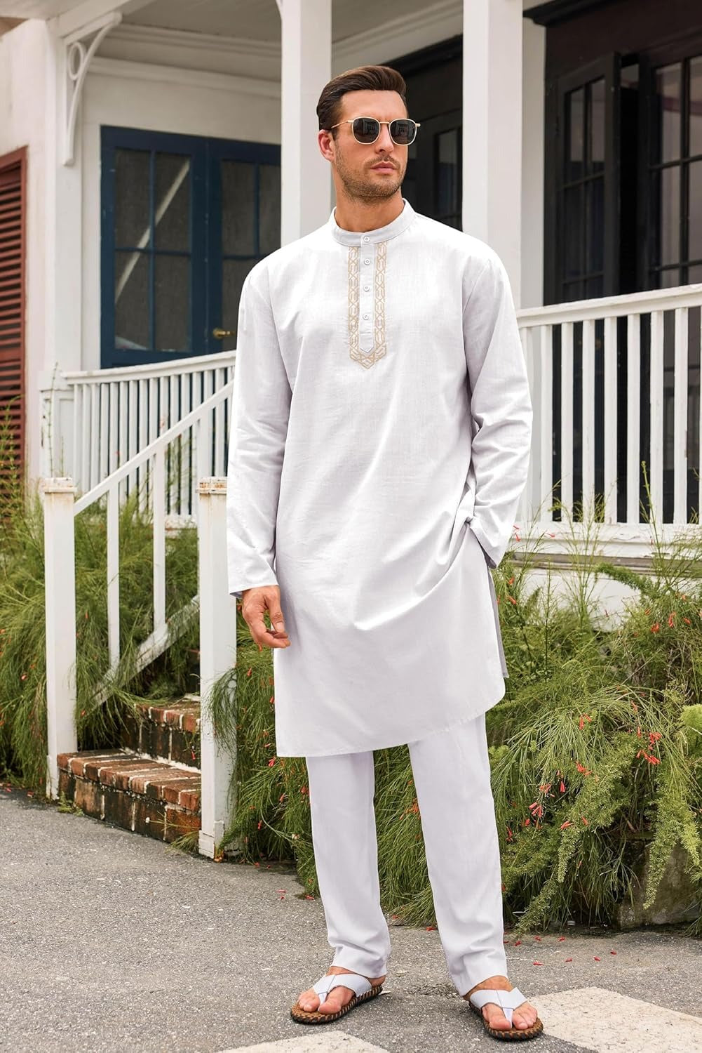 Xentarfy Men’s Cotton Linen Henley Kaftan Thobe