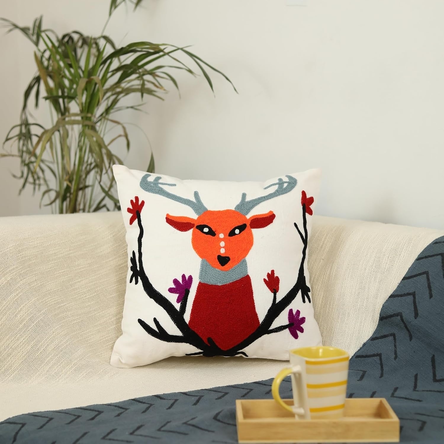 Xentarfy Embroidered Cotton Canvas Animal Cushion Cover 16x16